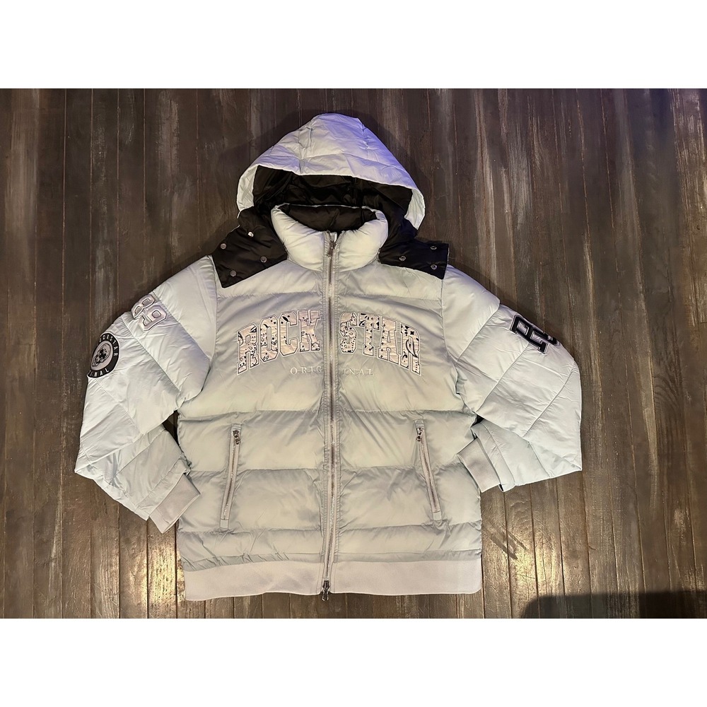 Rockstar Original Mens Blue Puffer Jacket Hooded Streetwear Coat Light Blue 2XL